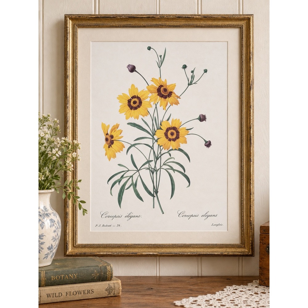 Redoute Coreopsis Elegans Yellow Flower Botanical Wall Art Book Plate 11x14